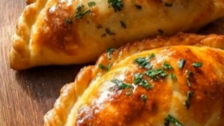 A close-up of golden-brown Argentine beef empanadas garnished with fresh parsley on a wooden board.