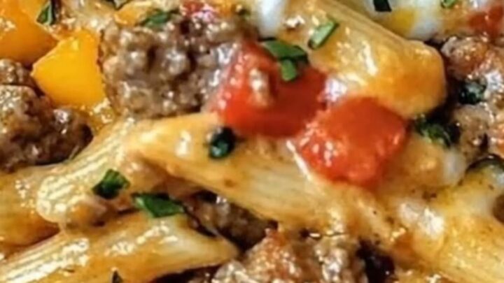 A warm, bubbly baked pasta casserole with melted cheddar cheese and chopped parsley in an oven-safe dish.