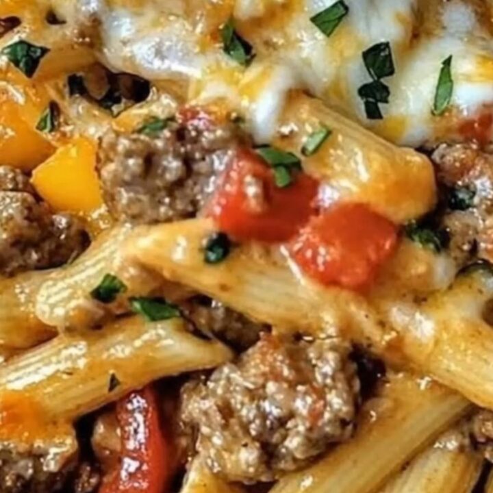 A warm, bubbly baked pasta casserole with melted cheddar cheese and chopped parsley in an oven-safe dish.