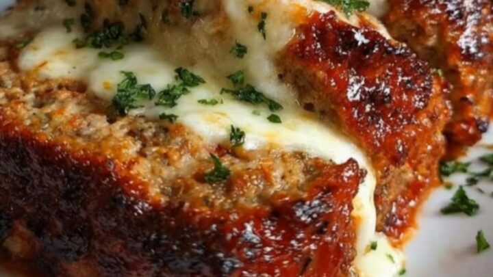 A warm slice of Italian meatloaf being pulled away, revealing a thick, stretchy mozzarella cheese pull.