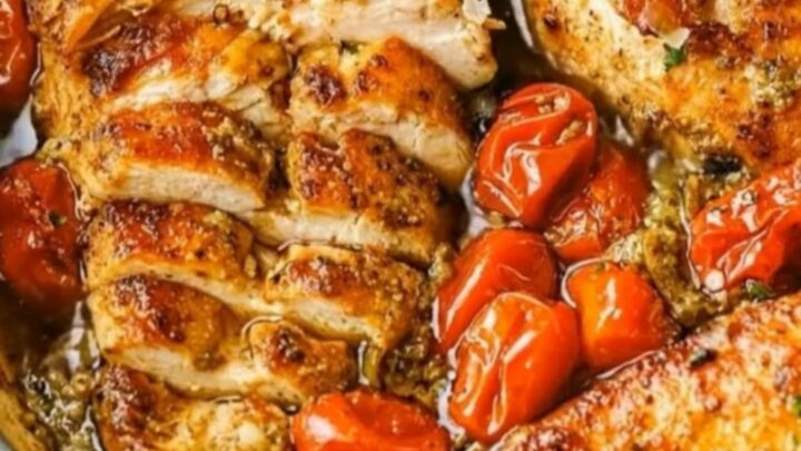 A rustic skillet filled with sliced and whole golden-seared chicken breasts surrounded by blistered cherry tomatoes
