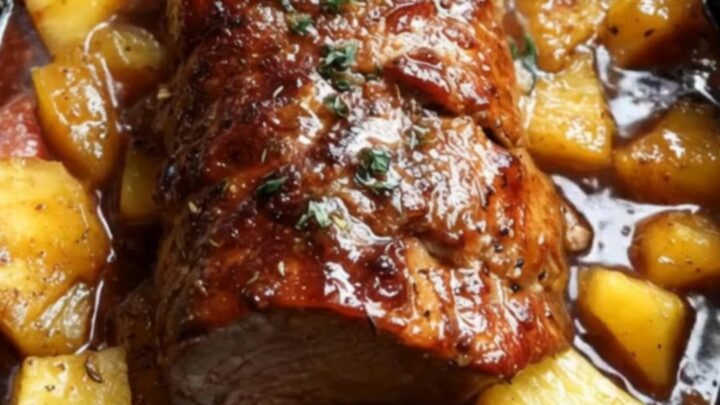 Slices of tender Hawaiian pork tenderloin drizzled with glossy glaze and served with golden pineapples.