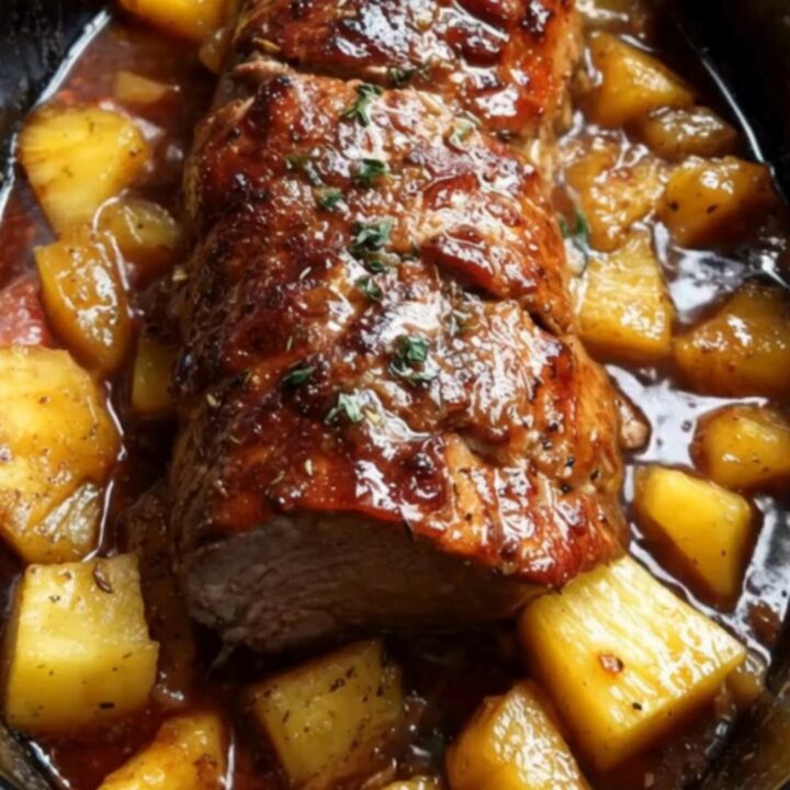Slices of tender Hawaiian pork tenderloin drizzled with glossy glaze and served with golden pineapples.