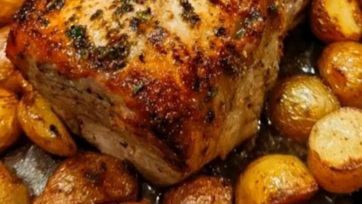 A whole roasted pork loin garnished with a rosemary sprig and encircled by blistered baby potatoes in a dark pan.