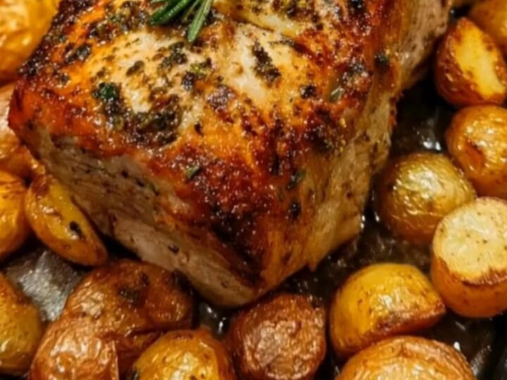 A whole roasted pork loin garnished with a rosemary sprig and encircled by blistered baby potatoes in a dark pan.