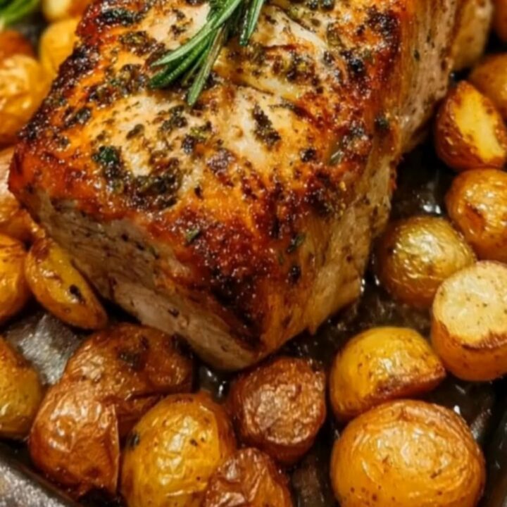 A whole roasted pork loin garnished with a rosemary sprig and encircled by blistered baby potatoes in a dark pan.
