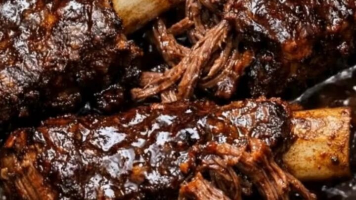 Glistening stout braised beef short ribs coated in a rich dark gravy inside a black slow cooker pot