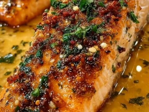 Two golden-crusted salmon fillets resting in rich garlic butter with chopped parsley and chili flakes