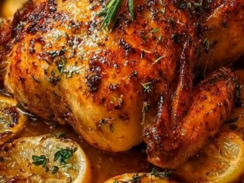 A beautifully roasted golden-brown whole chicken resting on caramelized lemon wheels and fresh rosemary sprigs in a roasting