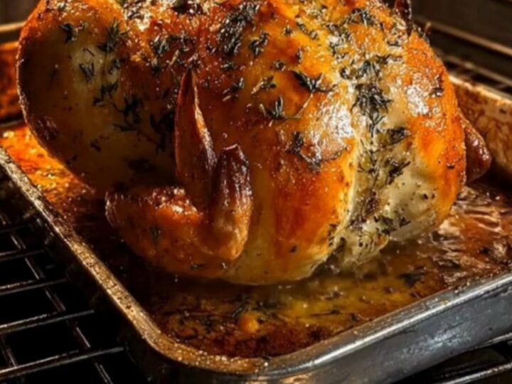 A glistening, herb-crusted whole roast chicken resting inside a warm, glowing oven roasting pan.