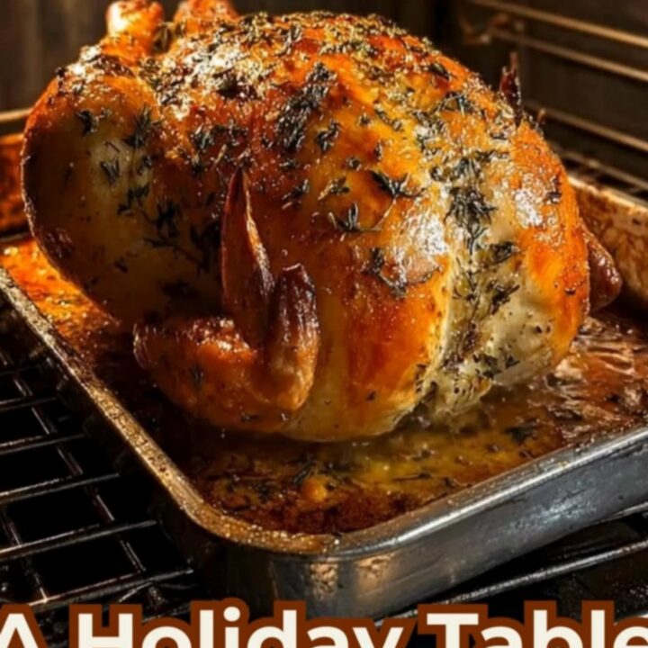 A glistening, herb-crusted whole roast chicken resting inside a warm, glowing oven roasting pan.