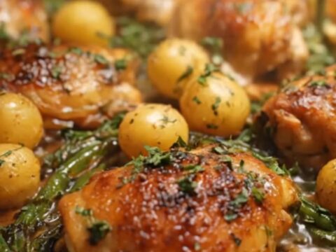 A sheet pan filled with golden-brown roasted chicken thighs, whole Yukon Gold potatoes, and green beans.