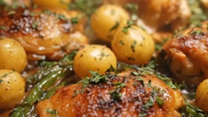 A sheet pan filled with golden-brown roasted chicken thighs, whole Yukon Gold potatoes, and green beans.