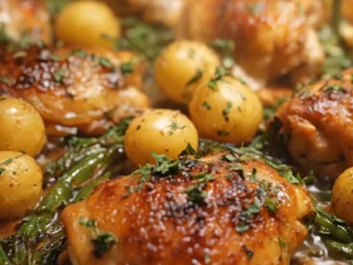 A sheet pan filled with golden-brown roasted chicken thighs, whole Yukon Gold potatoes, and green beans.