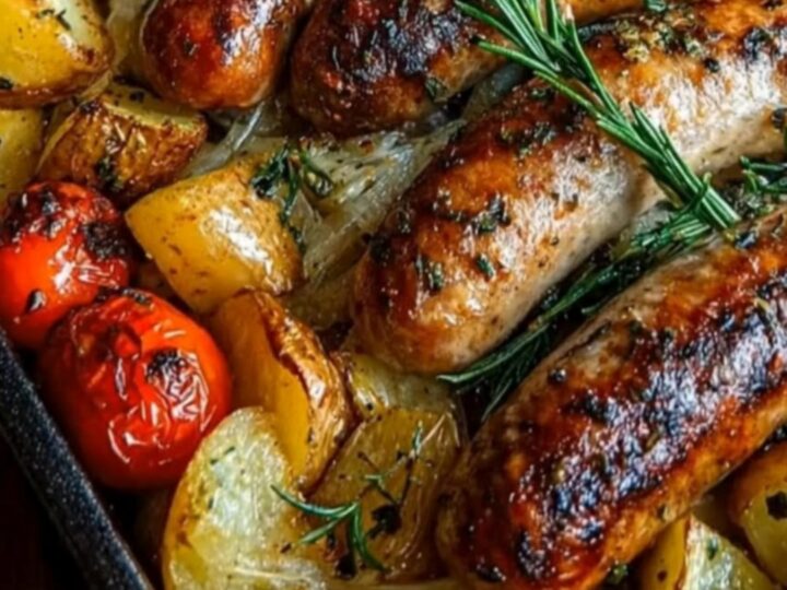 A cast iron pan filled with charred Italian sausages, crisp golden potato wedges, burst cherry tomatoes