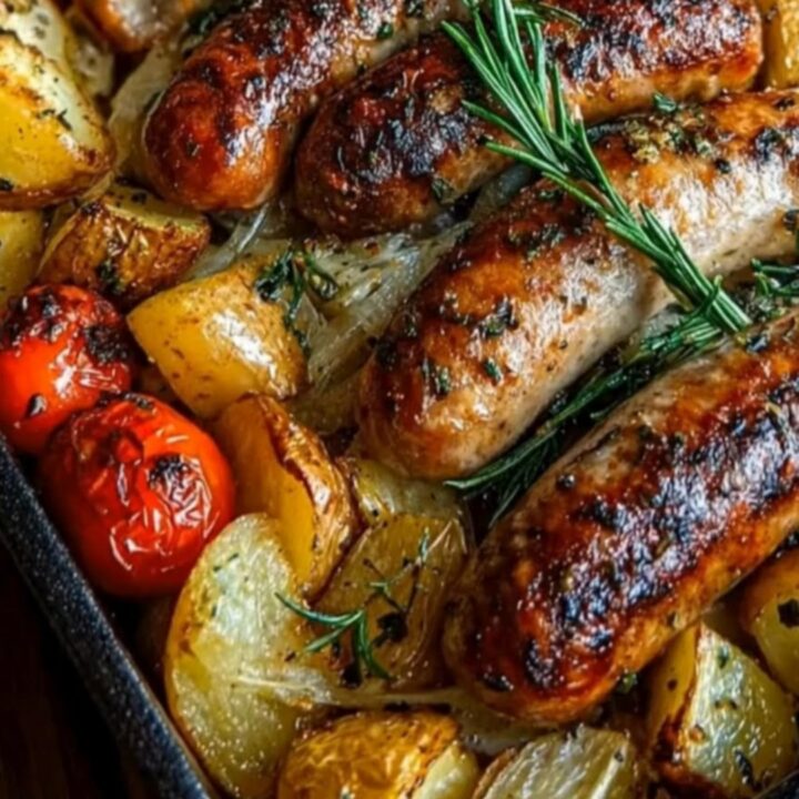 A cast iron pan filled with charred Italian sausages, crisp golden potato wedges, burst cherry tomatoes