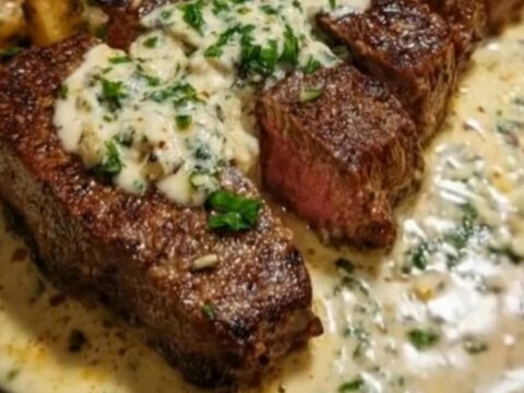 A rustic skillet holding sliced pan-seared steak resting in a glossy, steaming parmesan garlic cream sauce.