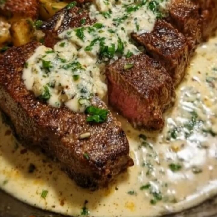 A rustic skillet holding sliced pan-seared steak resting in a glossy, steaming parmesan garlic cream sauce.