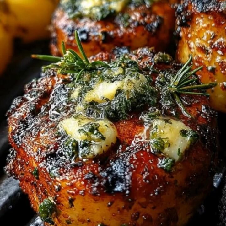 A close-up shot of crispy, charred golden-brown potato medallions sizzling on a hot grill grate