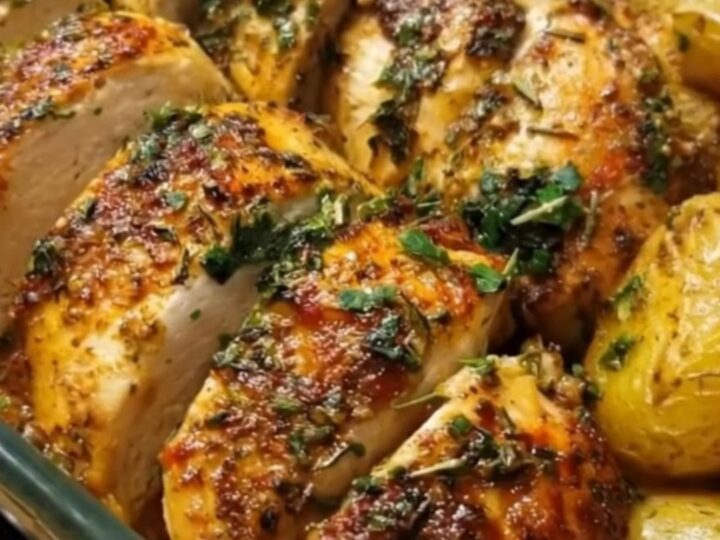 A glass baking dish filled with juicy sliced herb-roasted chicken breast, golden baby potatoes, and garlic green beans.