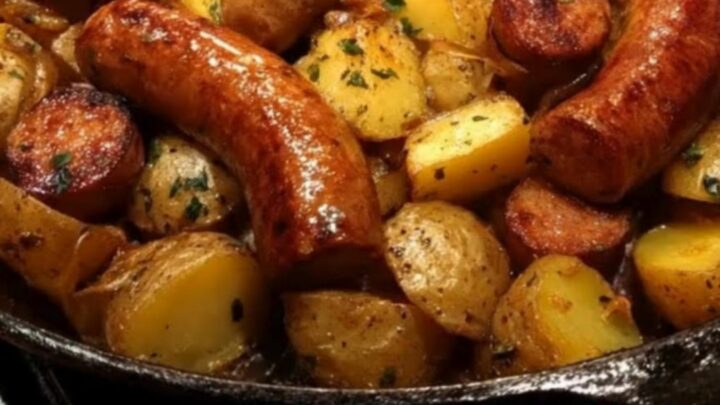 A cast iron skillet filled with golden crispy potatoes and browned sausage slices garnished with fresh parsley.