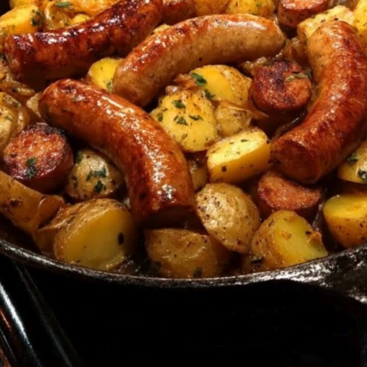 A cast iron skillet filled with golden crispy potatoes and browned sausage slices garnished with fresh parsley.