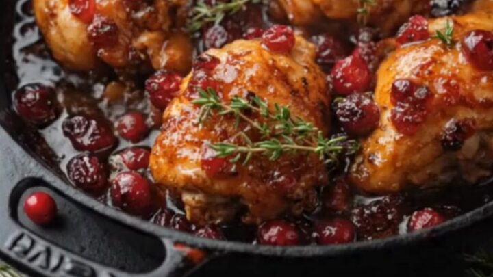 Sizzling bone-in chicken thighs in a cast-iron skillet, covered in a glossy red cranberry orange glaze and garnished