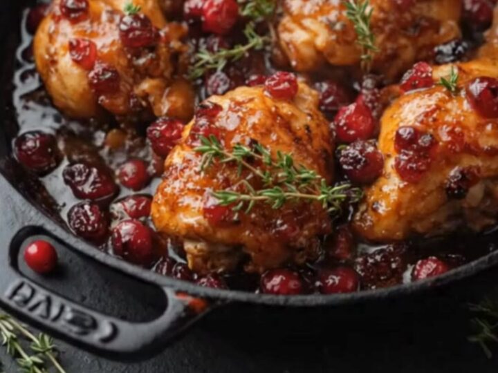 Sizzling bone-in chicken thighs in a cast-iron skillet, covered in a glossy red cranberry orange glaze and garnished