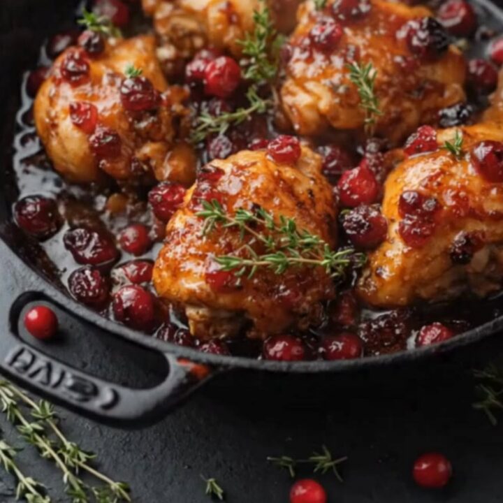 Sizzling bone-in chicken thighs in a cast-iron skillet, covered in a glossy red cranberry orange glaze and garnished