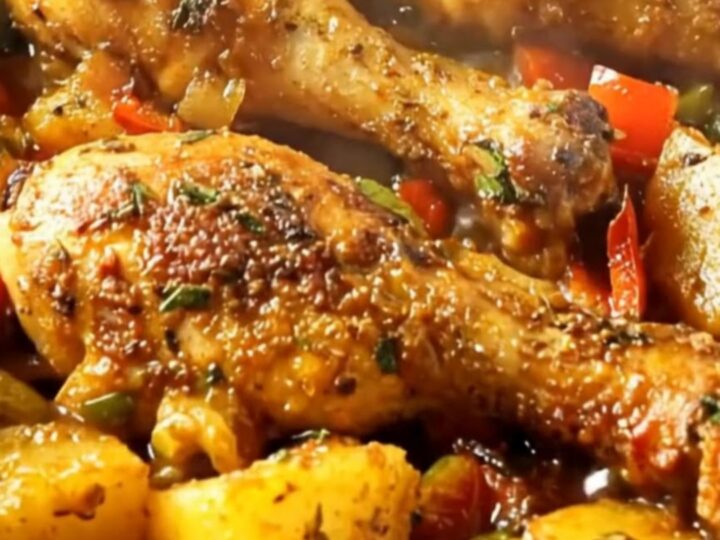 A rustic baking sheet filled with golden-brown roasted chicken drumsticks, tender potatoes, and colorful peppers.