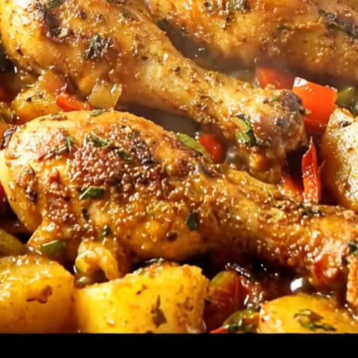 A rustic baking sheet filled with golden-brown roasted chicken drumsticks, tender potatoes, and colorful peppers.