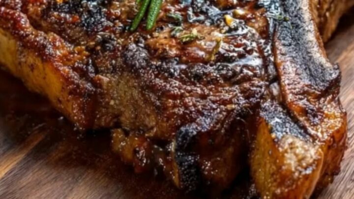 A perfectly seared garlic rosemary ribeye steak resting on a rustic wooden board garnished with fresh herbs