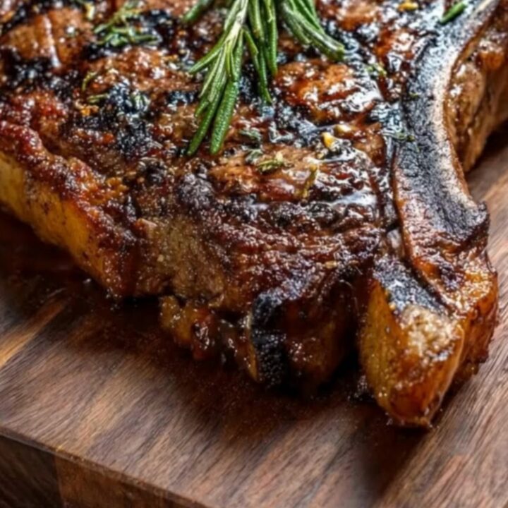 A perfectly seared garlic rosemary ribeye steak resting on a rustic wooden board garnished with fresh herbs