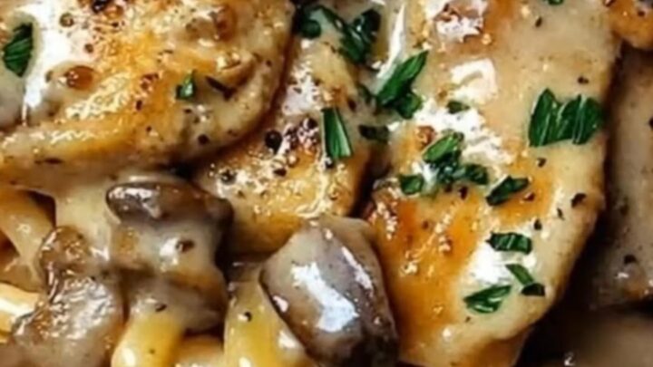A close-up of glossy Cajun chicken linguine with mushrooms and fresh parsley garnish