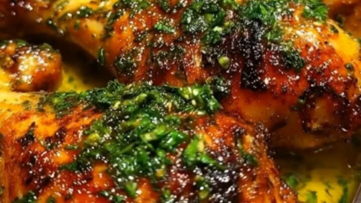 Glistening roasted chicken drumsticks coated in garlic and parsley inside a stainless steel pan.
