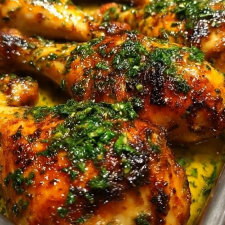 Glistening roasted chicken drumsticks coated in garlic and parsley inside a stainless steel pan.