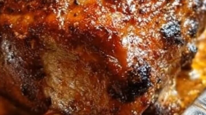 A glistening, herb-crusted glazed turkey roast resting in a foil pan surrounded by savory drippings.