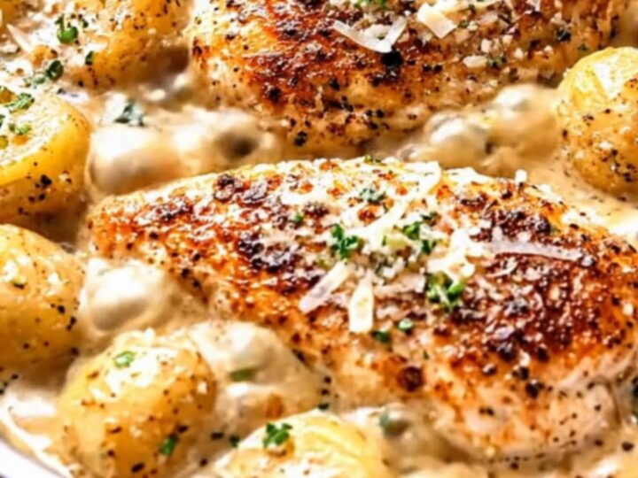 A stainless steel skillet filled with golden-seared chicken breasts and tender baby potatoes in a rich garlic parmesan cream