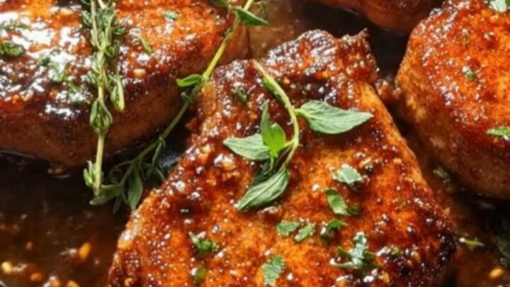 Golden-brown caramelized pork chops glistening with thick honey garlic glaze and fresh thyme in a cast-iron skillet.