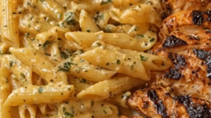 A white plate featuring creamy, glossy penne pasta alongside charred, sliced Cajun chicken breasts
