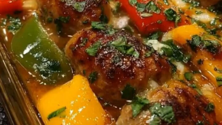 A clear rectangular glass baking dish filled with bubbling Christmas sausage and peppers, garnished with fresh parsley.