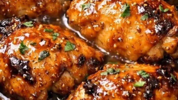 A black slow cooker filled with glossy, caramelized honey mustard chicken thighs garnished with fresh parsley.