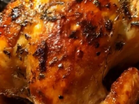 A whole golden-brown roasted chicken resting on a wire rack with blistered, ultra-crispy skin in warm kitchen lighting.