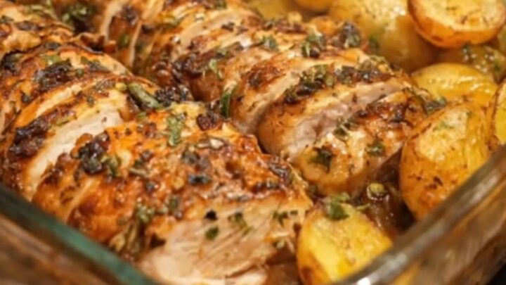 Glistening sliced garlic herb roasted chicken breast served next to golden baby potatoes and green beans in a glass baking