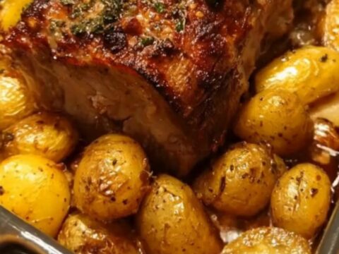 A whole roasted garlic herb pork loin surrounded by golden roasted potatoes in a dark roasting dish.