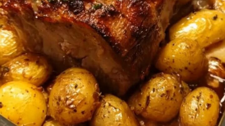 A whole roasted garlic herb pork loin surrounded by golden roasted potatoes in a dark roasting dish.