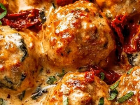 A smooth push-in shot of glistening golden chicken meatballs in a thick, specked cream sauce garnished with fresh basil