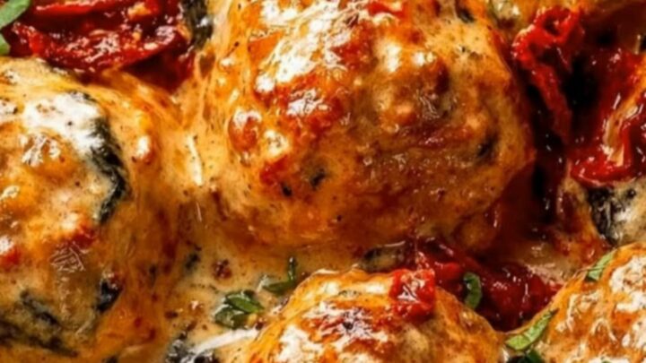 A smooth push-in shot of glistening golden chicken meatballs in a thick, specked cream sauce garnished with fresh basil