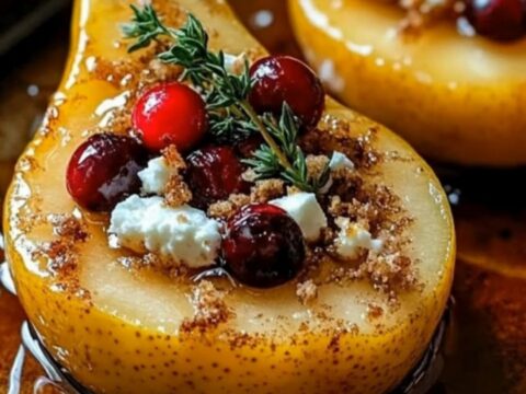 A beautiful close-up of roasted holiday pear halves topped with sparkling red cranberries, crumbled feta, and fresh thyme