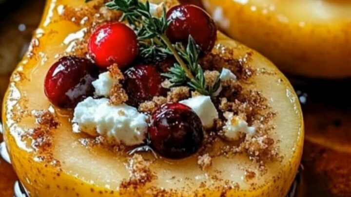A beautiful close-up of roasted holiday pear halves topped with sparkling red cranberries, crumbled feta, and fresh thyme